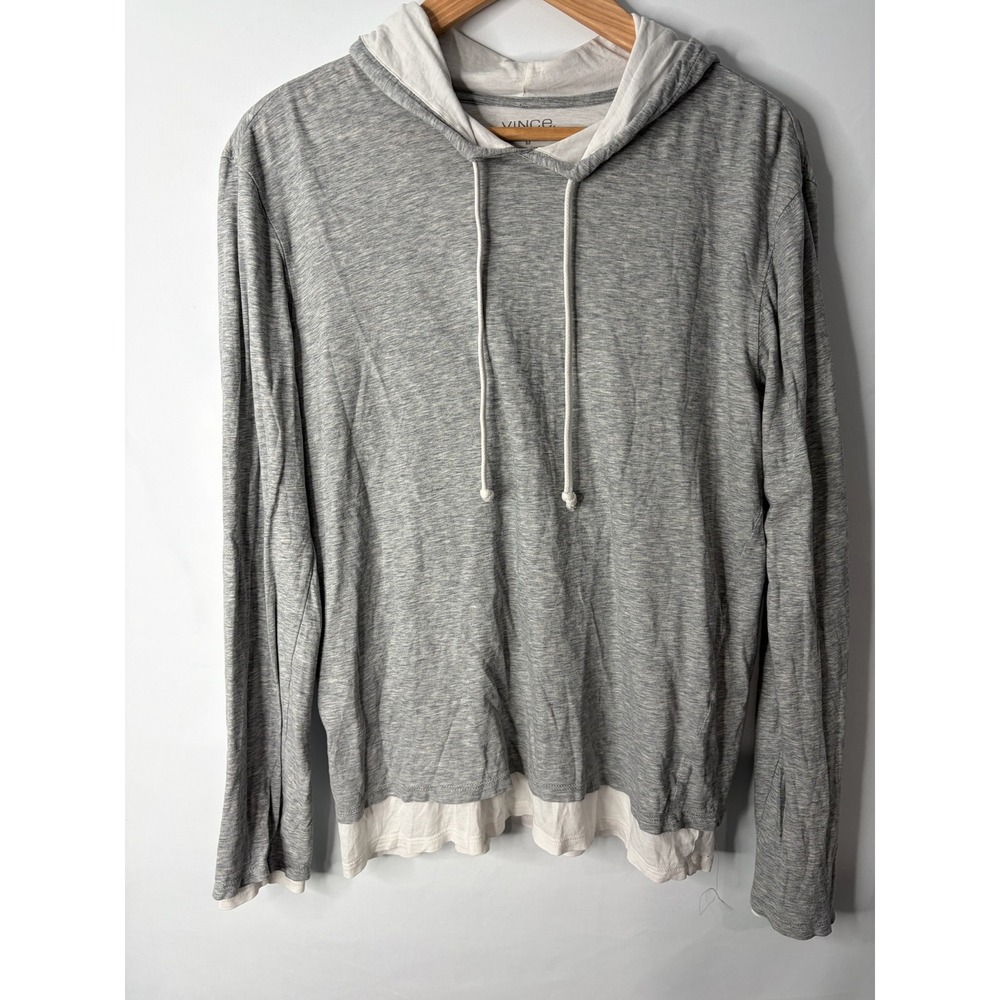 Vince Mens Pima Cotton Double Layer Hoodie Sz M Heather Gray White Pullover